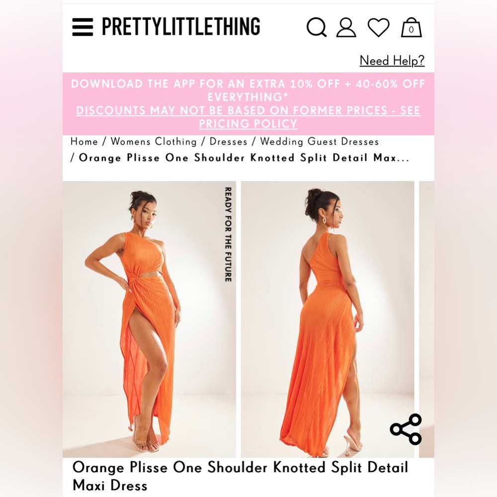 Pretty Little Thing Orange Plisse One Shoulder Knotted Split Detail Maxi Dress